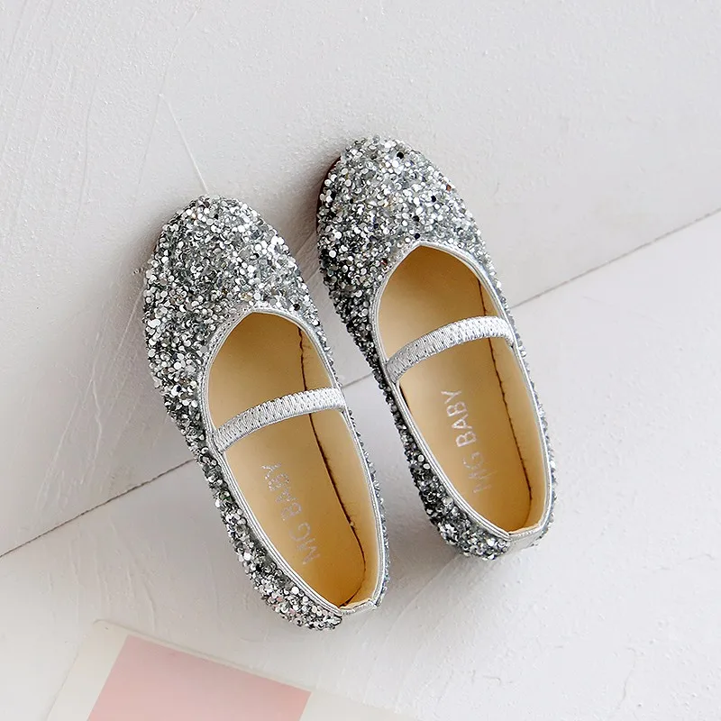 Autumn Girls Princess Shoes Sequin Children Performance Beauty Pointed Toe Teen Girl Bling Wedding Ballet Flats Leather Shoes