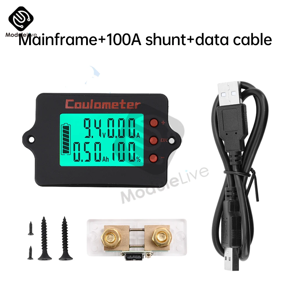 8V-120V 10A/50A/100A Coulomb Counter Meter Full Battery Tester with LCD Voltmeter and Capacity Indicator Battery Monitor