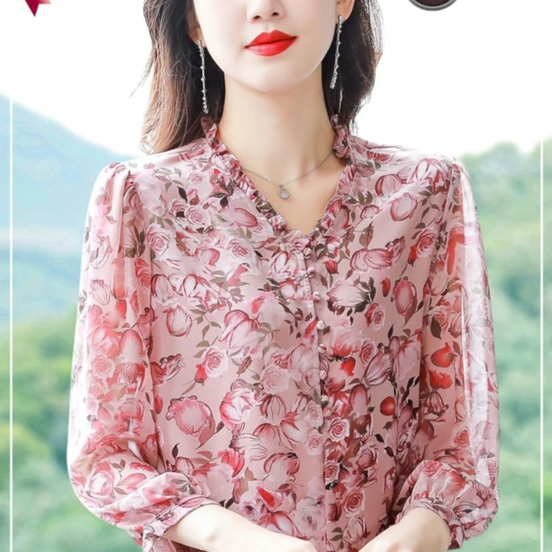 2024 Summer New Fashion Age Reducing Top Women\'s Chiffon Fragmented Flower Thin Shirt Western Loose Style Casual Fashion Shirt