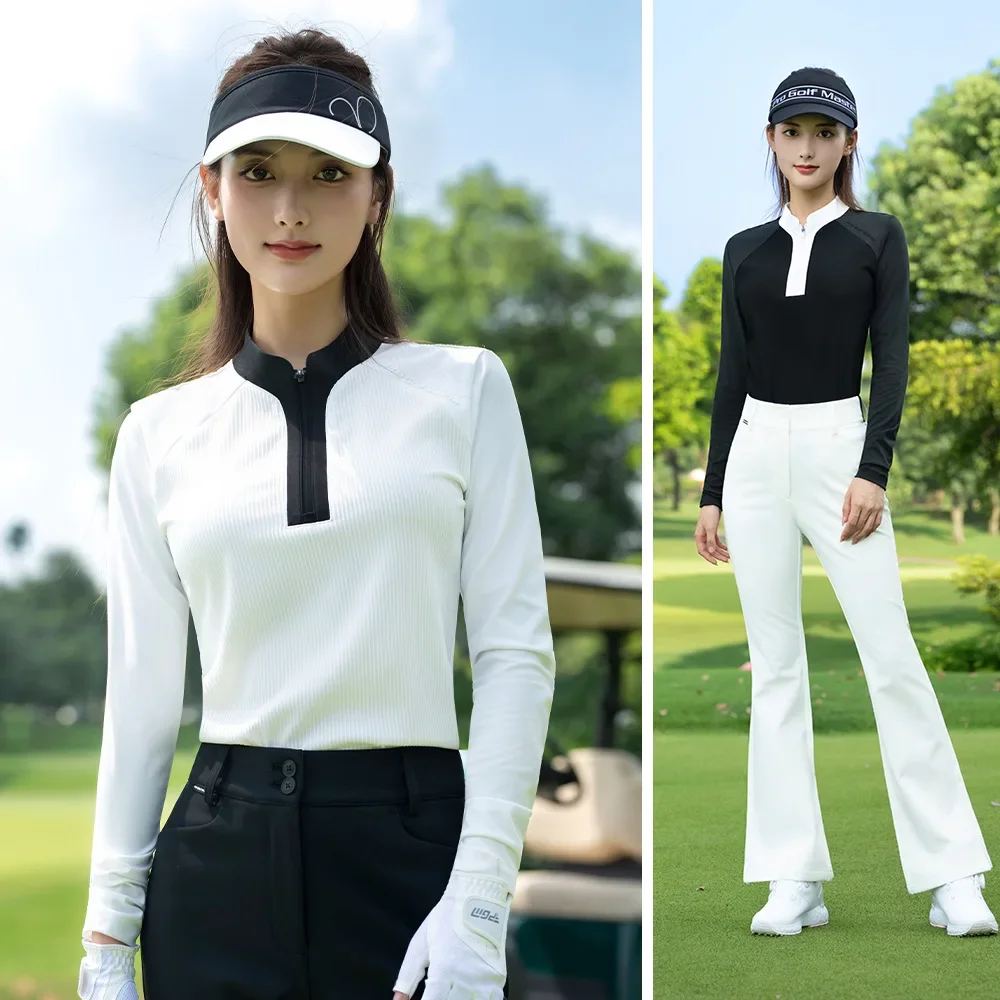 

PGM Women Golf Long Sleeved Polo Shirts Autumn Winter Vertical Stripe Slim Fit Top YF840