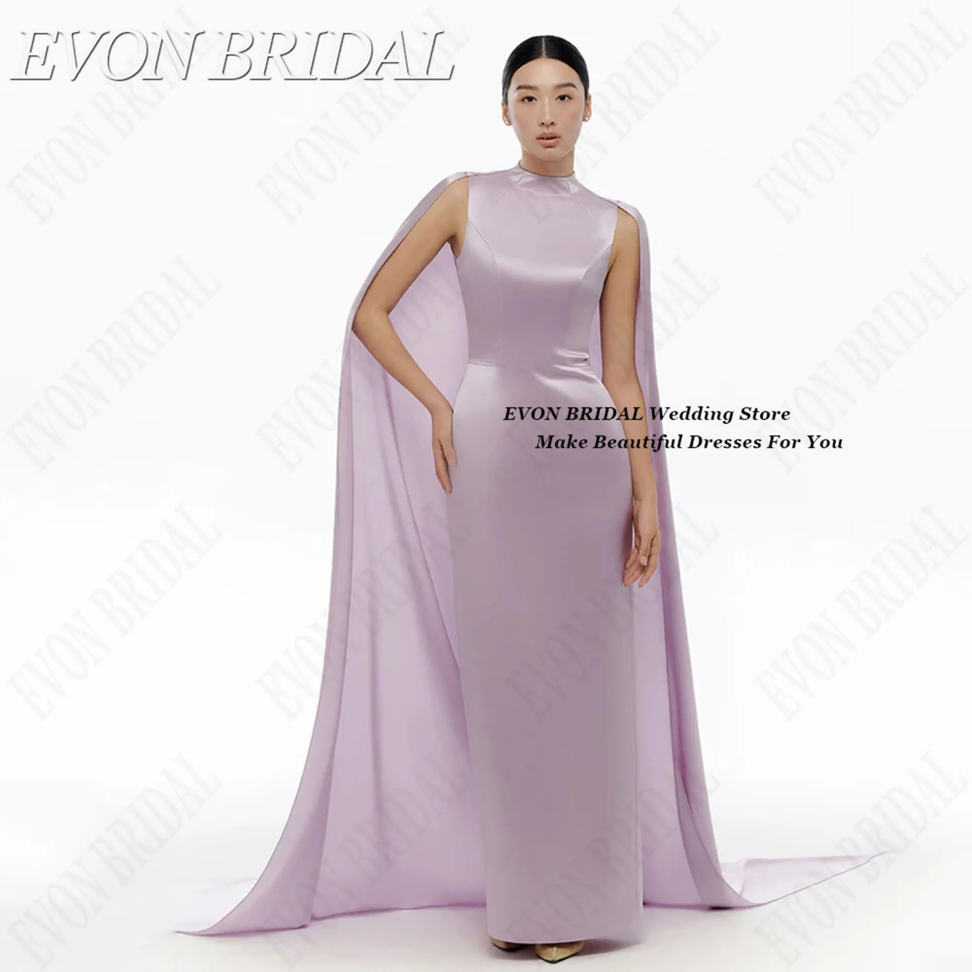 

High Neck Wedding Guest Dress With Cape Back Slit Zipper Woman Ceremony Dress Simple Mermaid Customized Party Gowns EVON BRIDAL