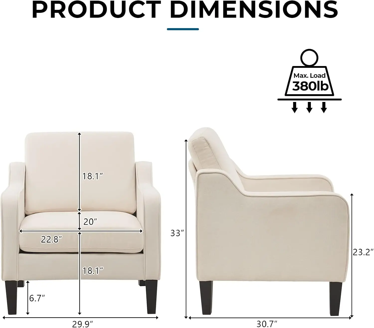 Accent Chairs-Sillón tapizado para habitación, sillón de lectura para espacios pequeños, color Beige, 2 unidades