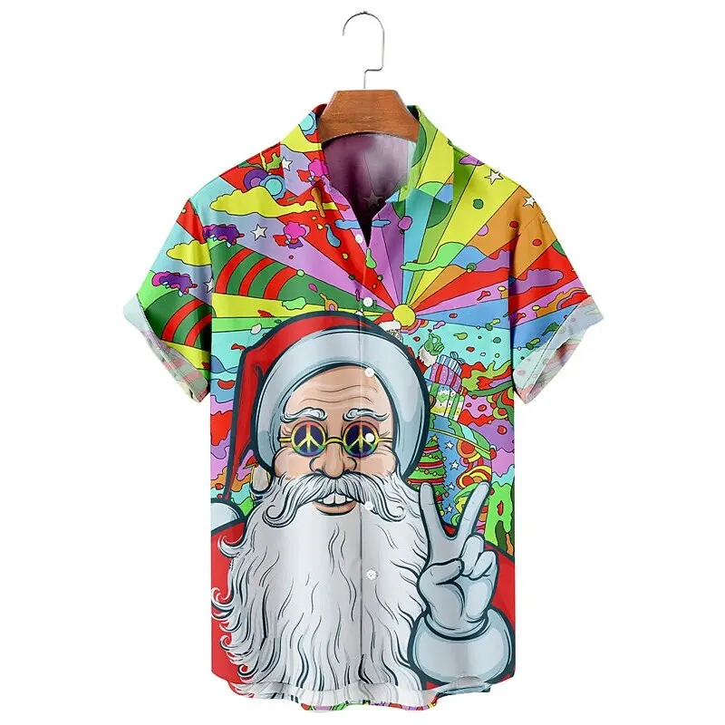 

Men's 3D Print Colorful Cool Christmas Shirt Fashion Santa Clause Graphic Short Sleeve Shirts Loose Comfortable Festival Clothes
