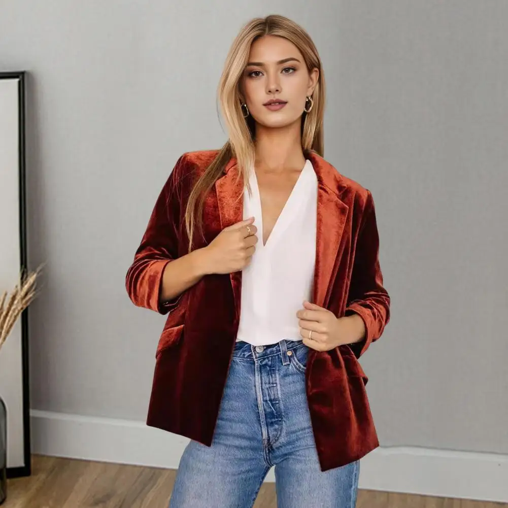 

Women Coat Simple Look Coat Elegant Women's Velvet Blazer with Ruched 3/4 Sleeve Lapel Stylish Open Front for Office Ladies