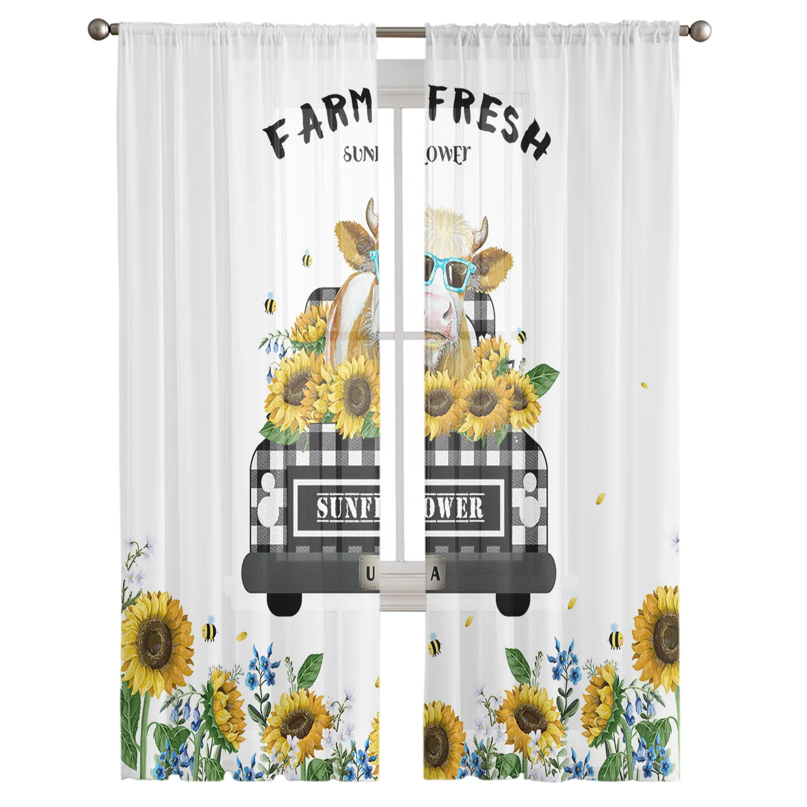 Country Sunflower Truck Cow Sheer Curtain for Living Room Hall Wall Dress Up  Home Window Supplies Pop Print Tulle Curtains