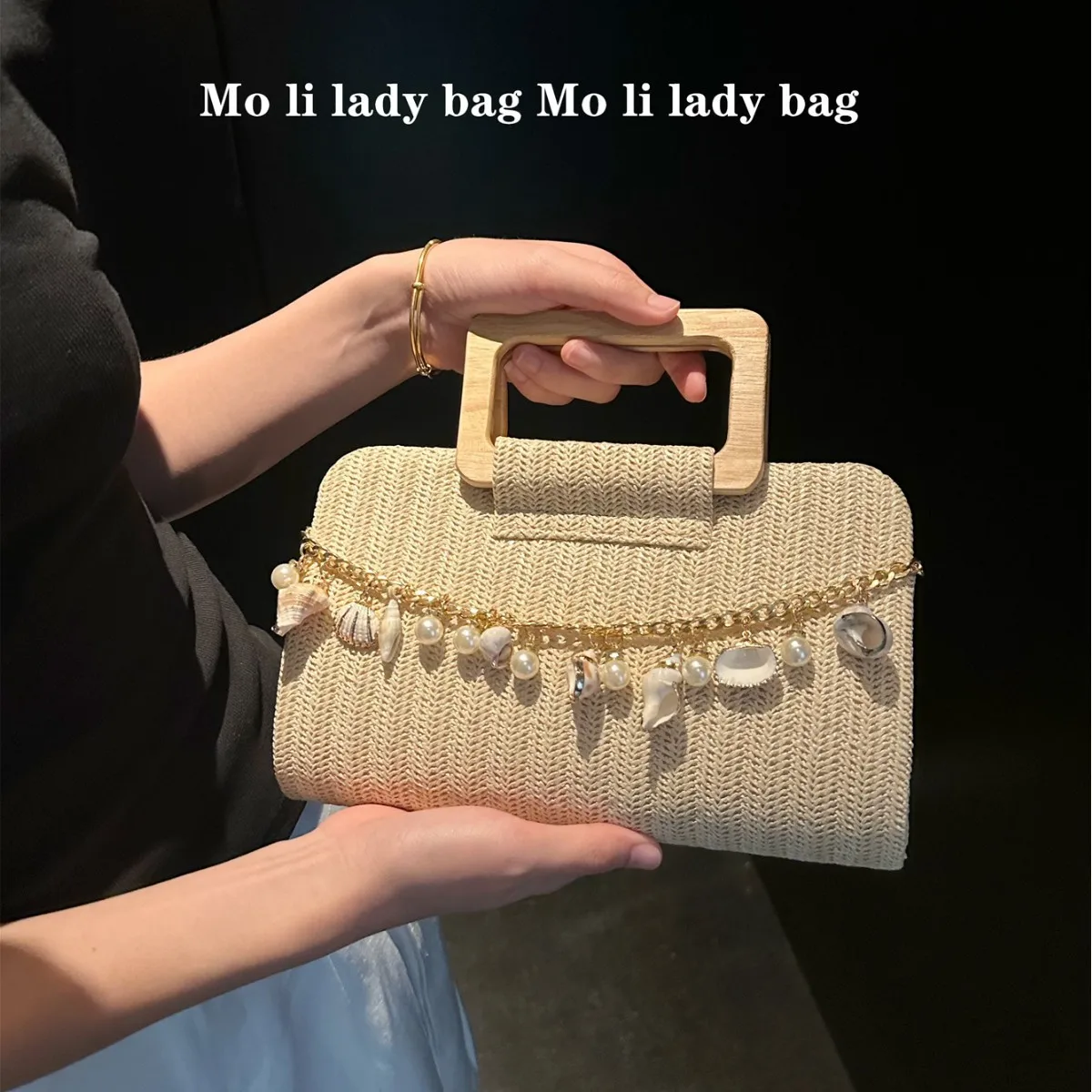 

Khaki Beige Straw Retro Handbags Fashion Bohemia Shell Pearl Tassel Beach Bag Prom Party Clutch Wooden Handle Handbag For Women