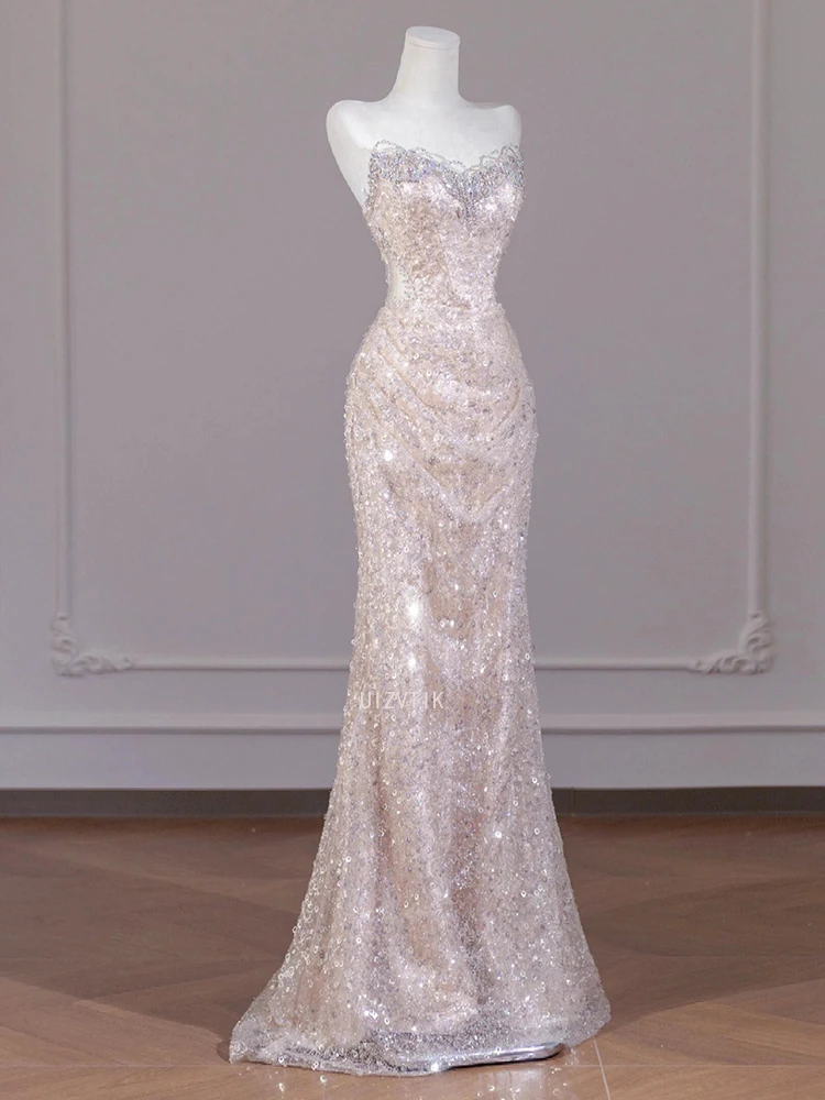 Sexy Champagne Sequins Prom Dresses Sweetheart Strapless Open Back Evening Party Dress Mermaid Sleeveless Formal Occasion Dress