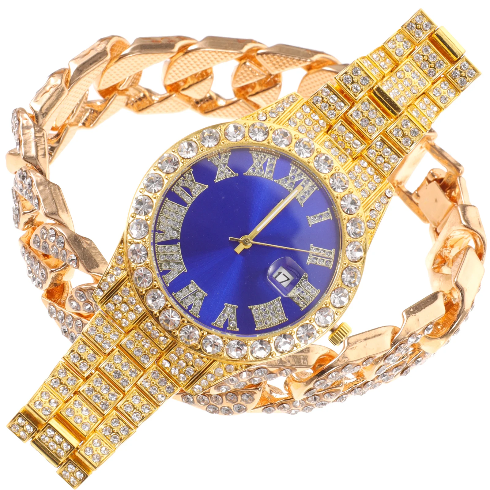 

Quartz Watch Men's Wristwatch Bracelet Set Rhinestone Strap Steel Belt Accurate Timekeeping Stylish Male Gift High Grade
