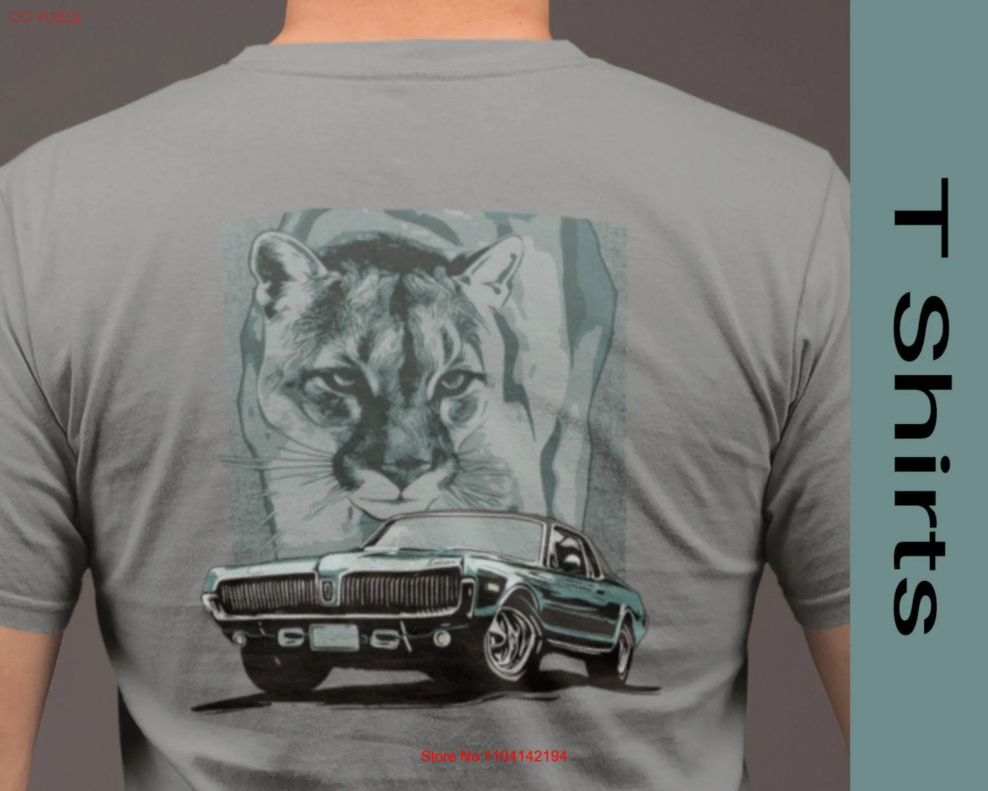 68 Cougar Jersey T Shirt featuring 1968 Mercury with cat backdrop blue green theme Design on back long or short sleeves