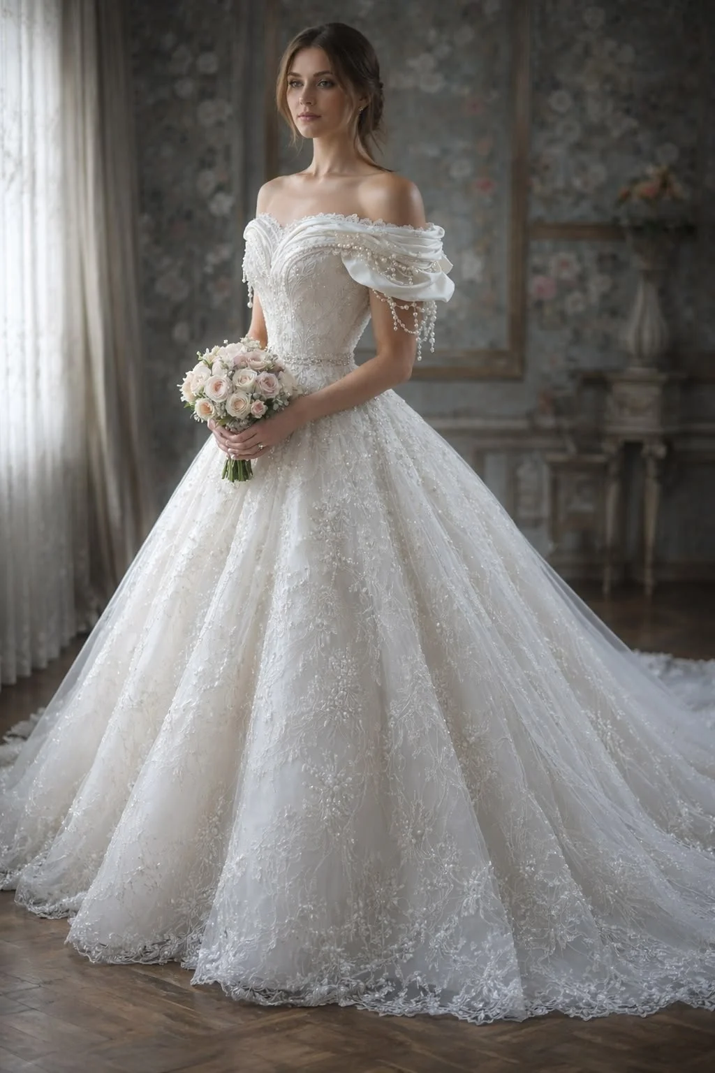 Elegant And Shiny A-Line Lace Bead Decoration Women's Off Shoulder Wedding Dress Waist Belt Trailing Bridal Gown Customized