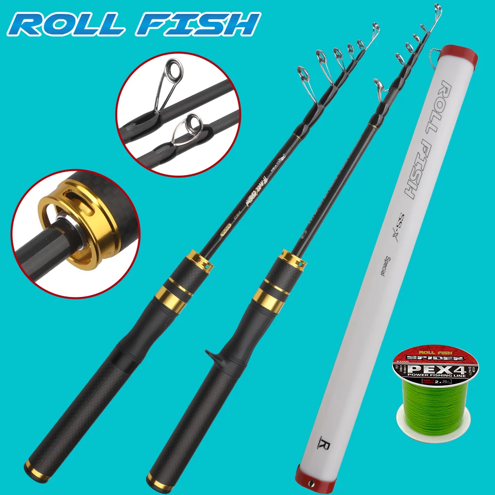 rollfish-ul-ポータブル伸縮式トラベルカーボンファイバー軽量釣り竿（バス、パンフィッシュ、海水用）、100m-peライン付き