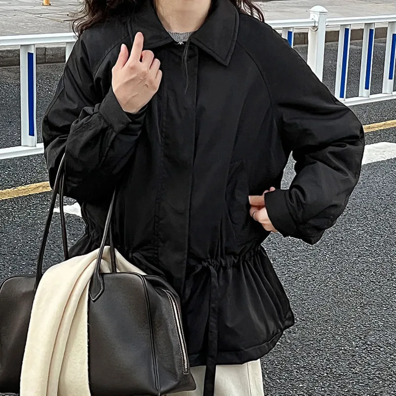 EAEOVNI Fashion Winter Down Jacket Women Warm Drawstring Pleated Design Zipper Lapel Solid Color Coat 2025 New Clothing