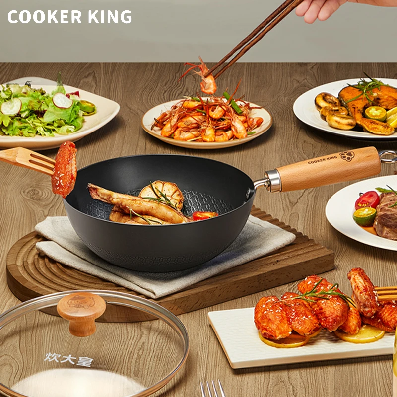 COOKER KING 20/24cm Small Iron Wok Pan Flat Bottom Non-Stick PanBaby Food Universal Gas Induction Cooker