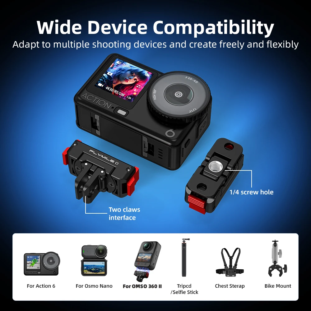 Mocowanie magnetyczne Flymile Quick-Release do kamer DJI Action 6, Osmo 360 II i Nano 360. °   Obracana podstawa, przedłużka, składany uchwyt. — zdjęcie produktu 3