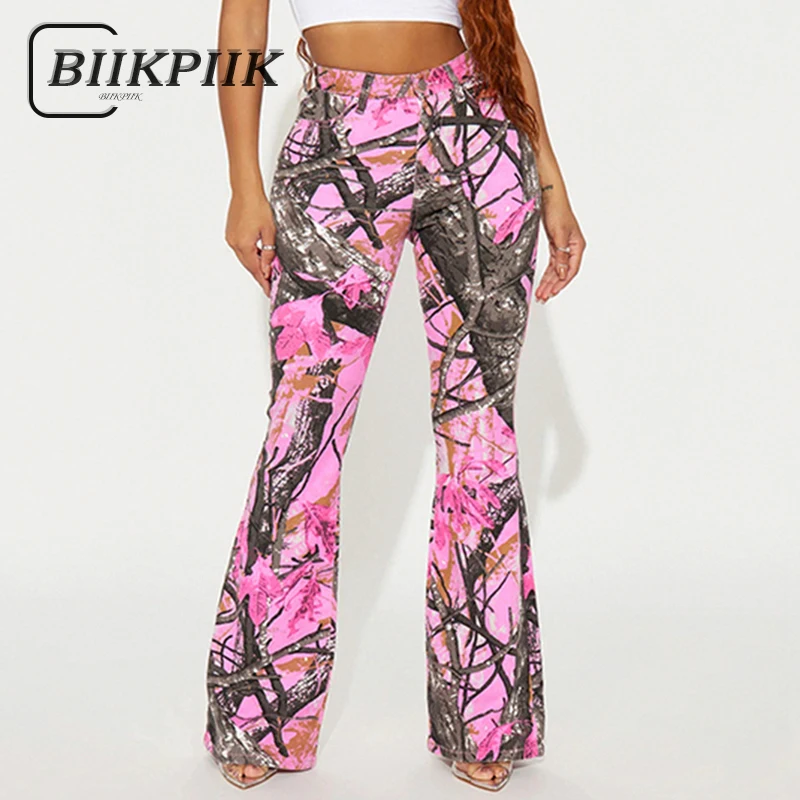 BIIKPIIK Fashion Thorn Printed Camouflage Flare Pants Women Clubwear Contrast Color Skinny Trousers Vacation Autumn Y2K Bottoms