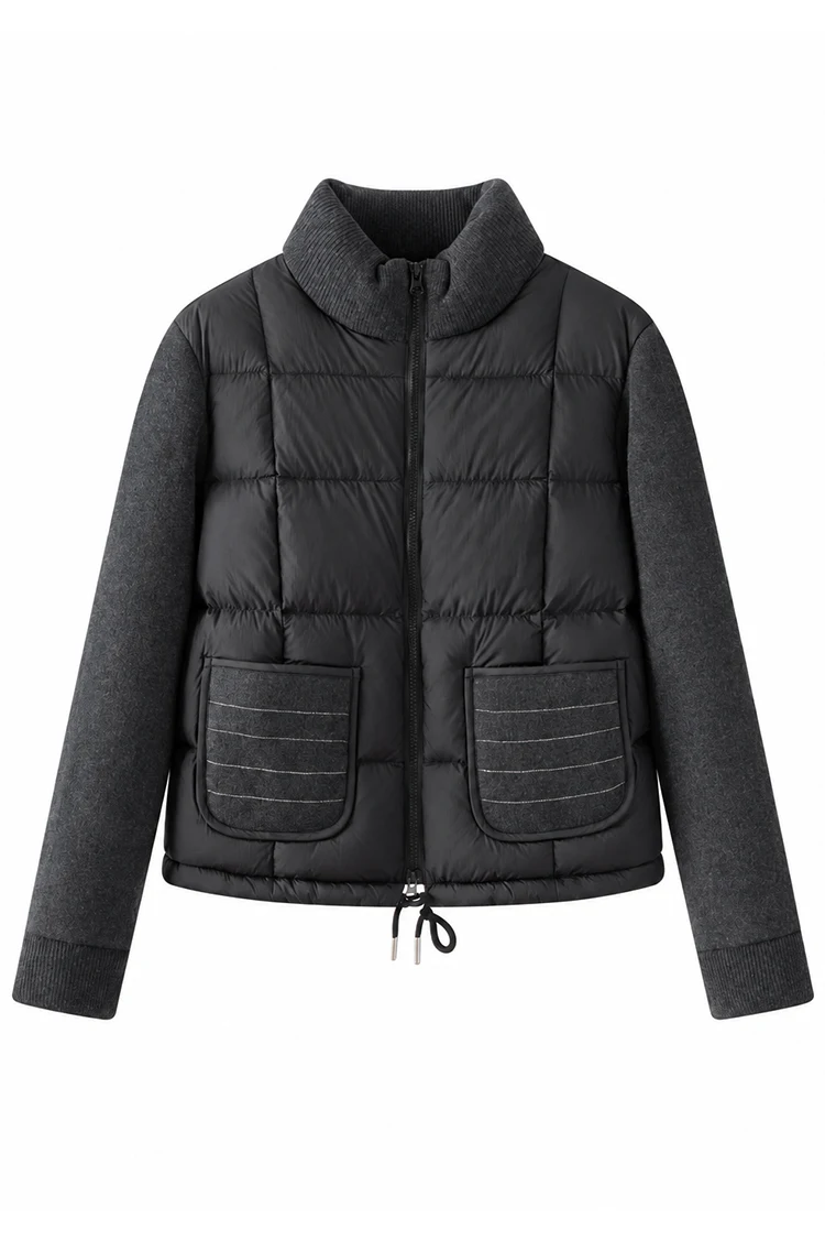 BD3621736 Women's Pure Wool Knit Hybrid Goose Down Jacket Chain Trim Pockets Stand Collar Two-Way Zip Old Money Early Autumn
