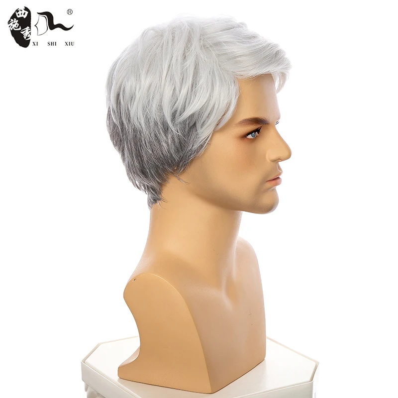 Short Ombre White Gray Synthetic Wig For Men Blanche Wig Male\'s Toupees Halloween Costume Older Man Natural Side Part Daily Wigs