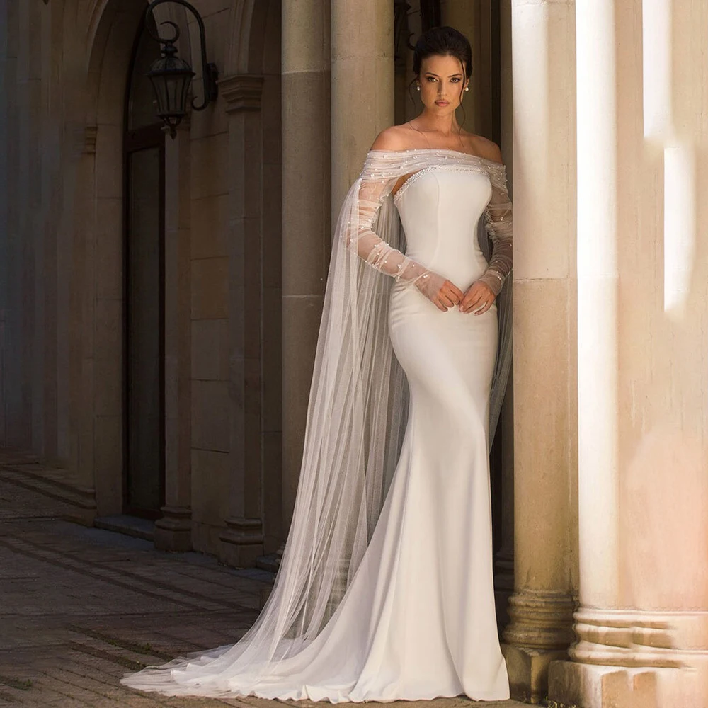 Modern Boat Collar Satin Beaded Pearls Wedding Dress Sheath Backless Floor Length Bridal Dress with Detachable Train Customize