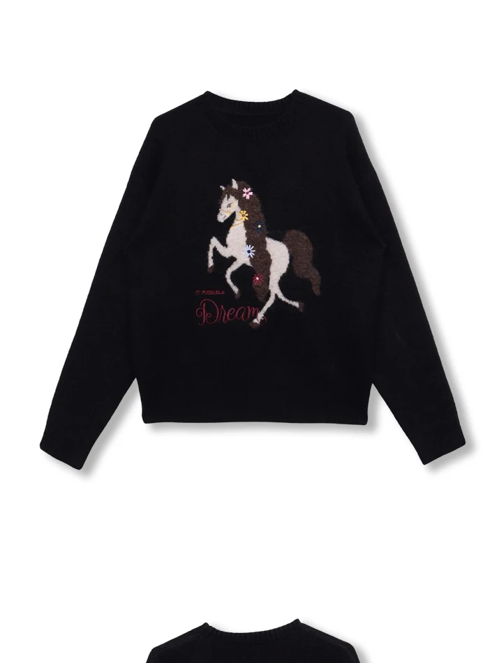 Macio sle cor blo bordado redondo ne camisola de malha feminina solta oulder gota longa sve outono inverno nova chegada