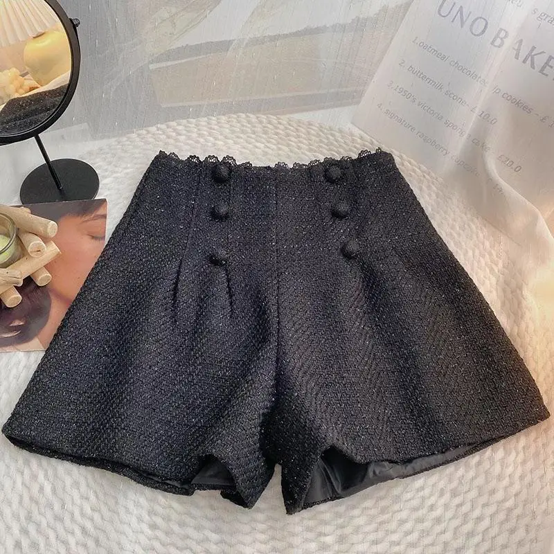 ​​Lace Trim Tweed Women's High Waist Wide Leg Pants Fall Winter Elegant Casual Comfort Trousers​​