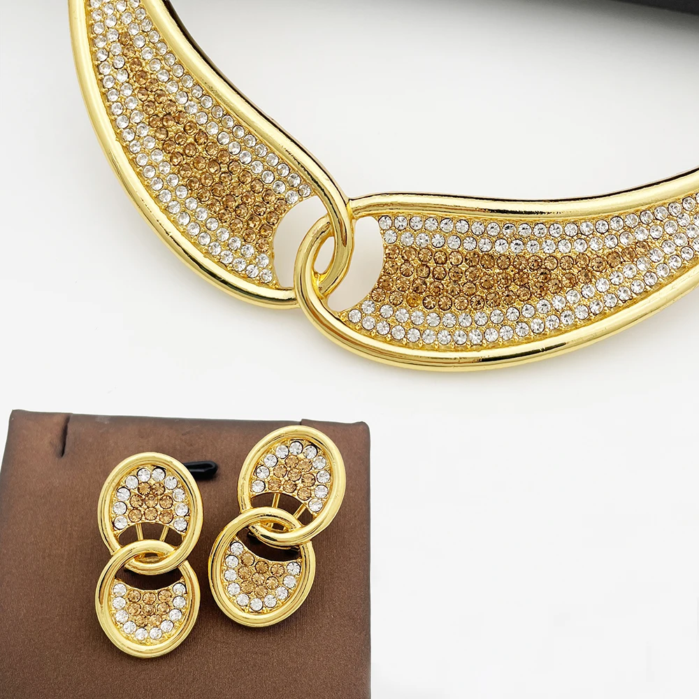 Vintage Dubai 18K Gold Plated Jewelry Sets Crescent Shape Necklace Earrings Ring Bracelet Women Set Jewelry For Wedding Party