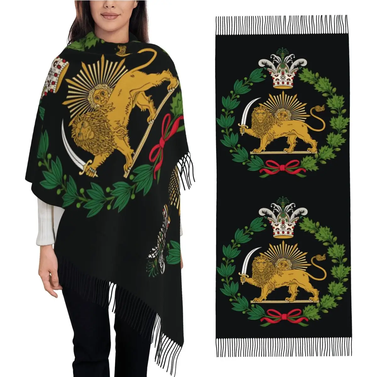 Imperial Coat Of Arms Of Persia Iran Scarf Outdoor Shawls and Wraps with Long Tassel Ladies Large Scarves Winter Bufanda Mujer