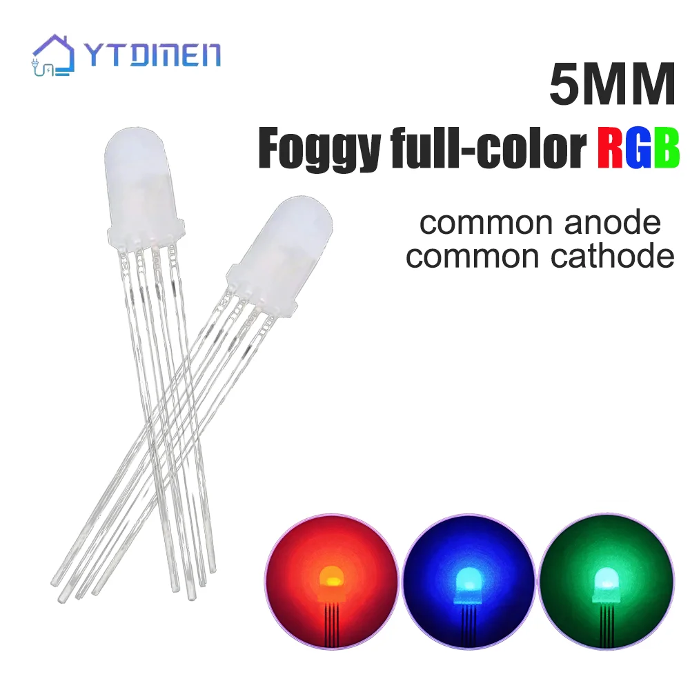 50-200Pcs 5mm RGB LED Common Cathode/Anode Red/green/blue F5 Foggy 4-Pin Diodes for Arduino, DIY Electronics Projects