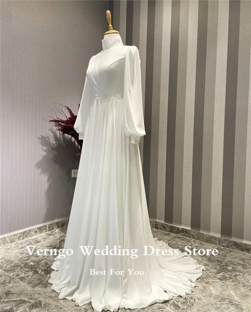 Verngo Modest Saudi Arabic Wedding Dresses Long Sleeves High Neck Bride Gowns White Simple Bridal Dress Robe mariage Customized