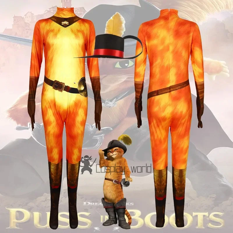 

Adult Puss Costume Cat in Boots Cosplay Bodysuit Onesie Unisex Puss Jumpsuit Cloak hat Halloween Party Performance Outfits
