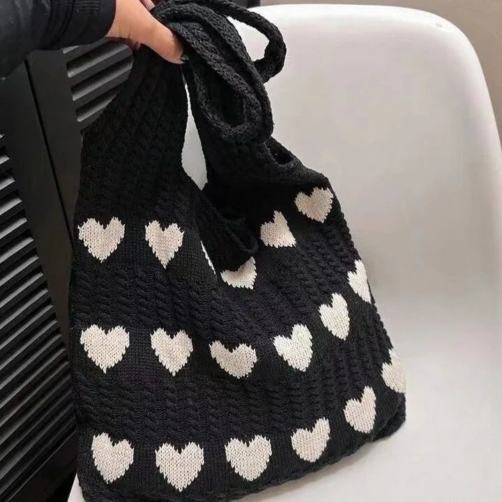 1 Stück Neue Liebesmuster-Stricktasche mit Großer Kapazität, Modische Damen-Schulterhandtasche für Tägliche Einkäufe und Aufbewahrung – Detail 5