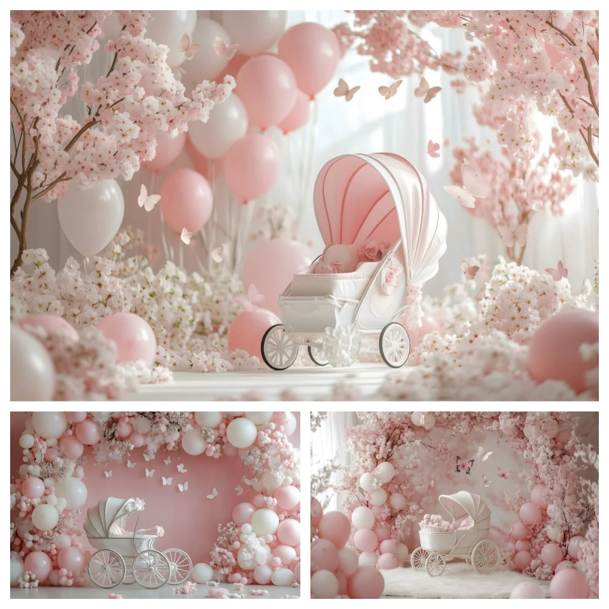 Arco rosa balões fotografia pano de fundo flores borboleta carrinho chá de bebê crianças festa de aniversário decoração foto fundo estúdio