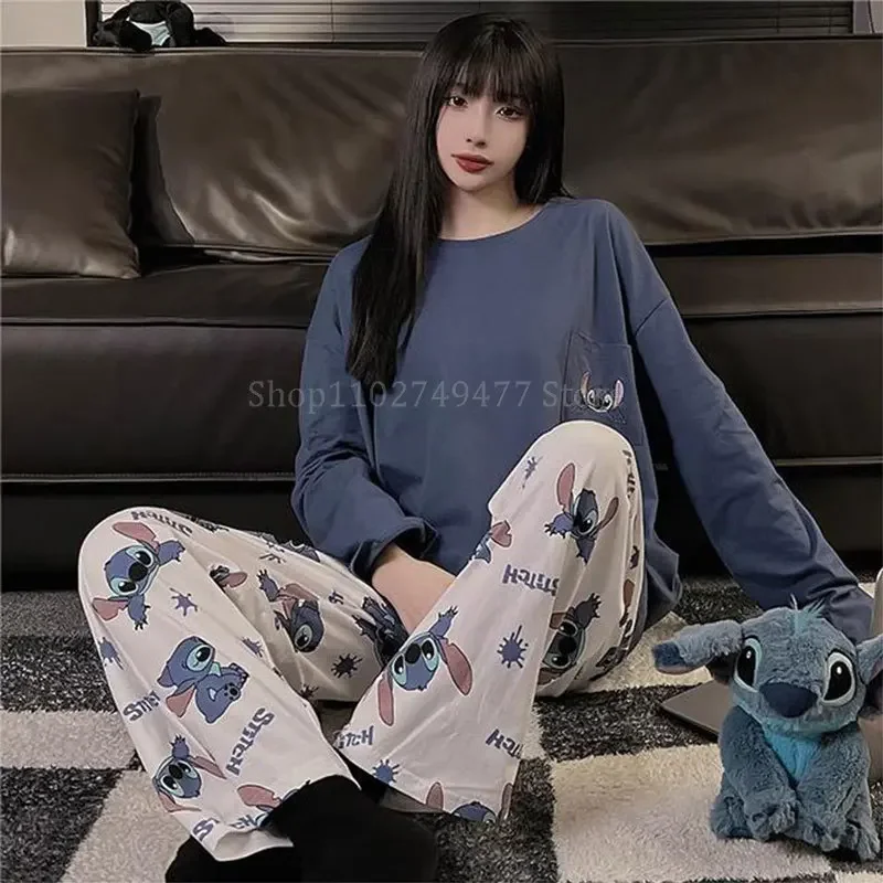 Kawaii Disney Stitch Pajama Sets Women's Long Sleeve Pants Sleepwear Set Spring Autumn Thin Loose Lounge Outerwear Home Clothes