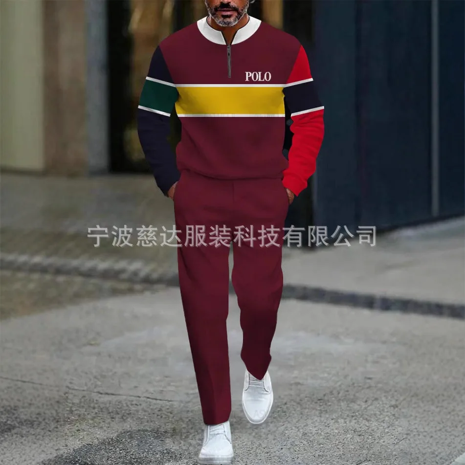 

2025 New European and American Amazon Style Mens Long sleeve Long pants Set with Half-open Placket Zip Pullover Casual