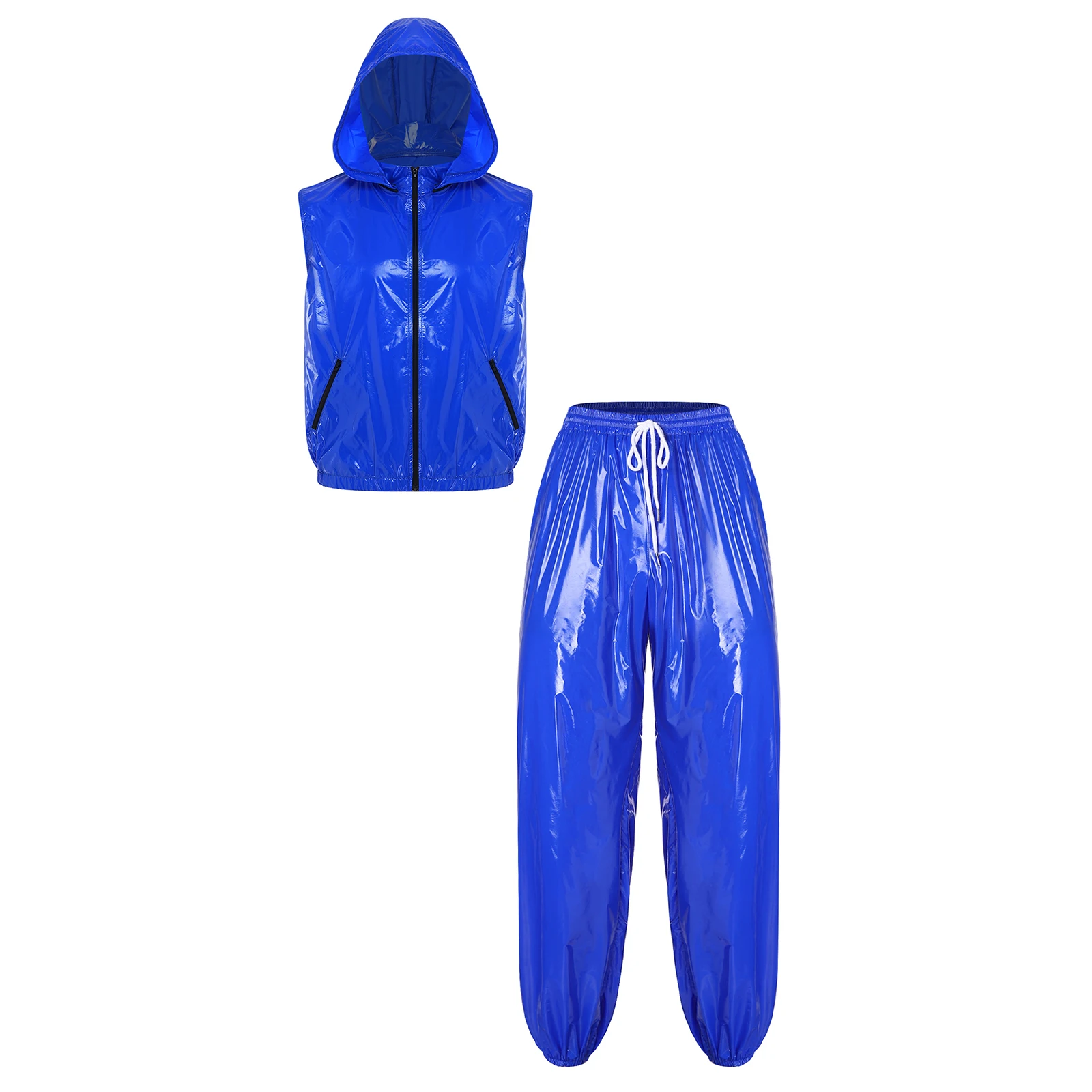 Mens Waterproof Sauna Outfit Glossy Sweat Suit Hooded Tracksuit Hooded Jacket Vest with Jogging Pants for Workout Cycl Training view 4