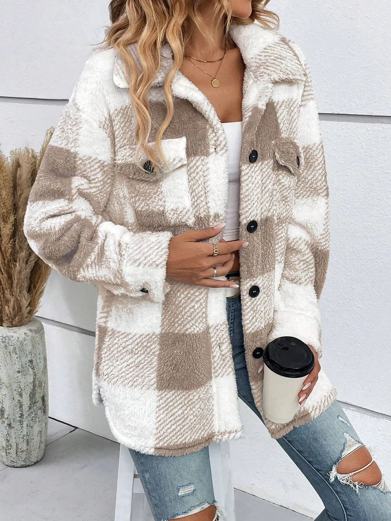 

Women's Buffalo Plaid Teddy Coat with Drop Shoulder & Flap Pockets, Fall Winter Warm Jacket