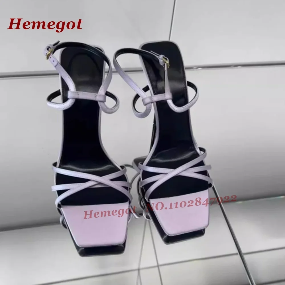 

Фиолетовые атласные сандалии с перекрестной пряжкой, новинка 2023 года, летние женские сандалии с квадратным носком и открытой пяткой, туфли на высоком каблуке-шпильке