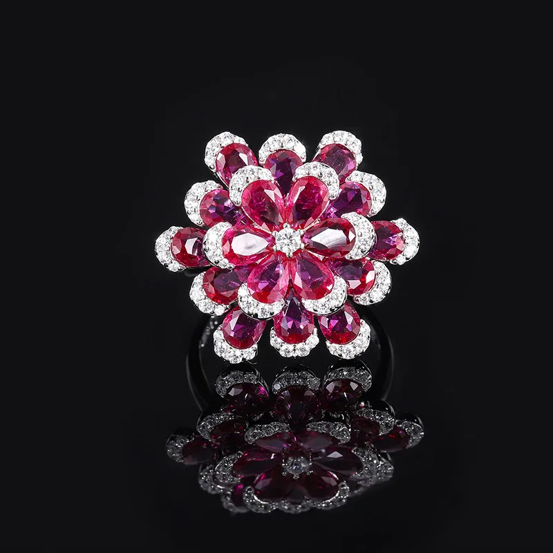 Jewelry S925 Full Silver Hot Selling Red Corundum Flower Set Luxurious Jewelry