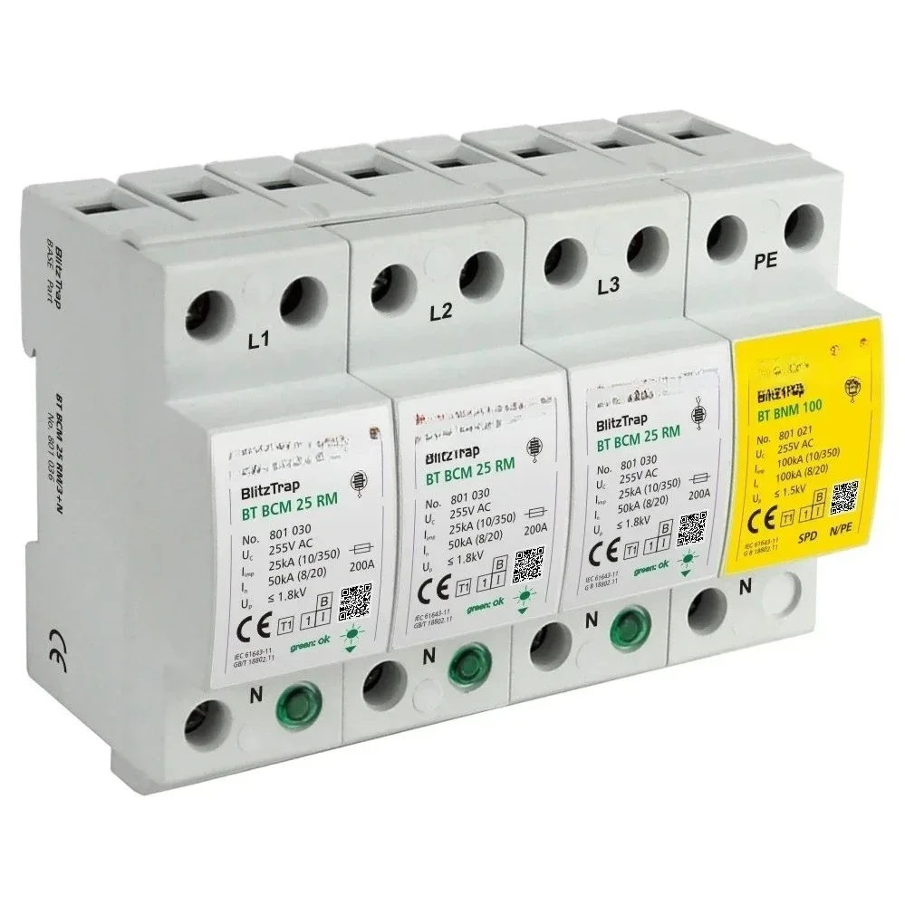 Surge Protective Device 255V 25kA 50kA 100kA 200kA T1 AC SPD 3P+NPE 3 Phase TT SPD Surge Protector