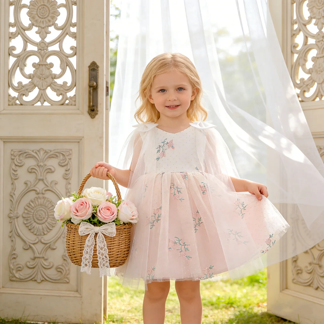 Kids Pink floral print evening dress with a small V-neck tulle dress elegant and fresh evening dress