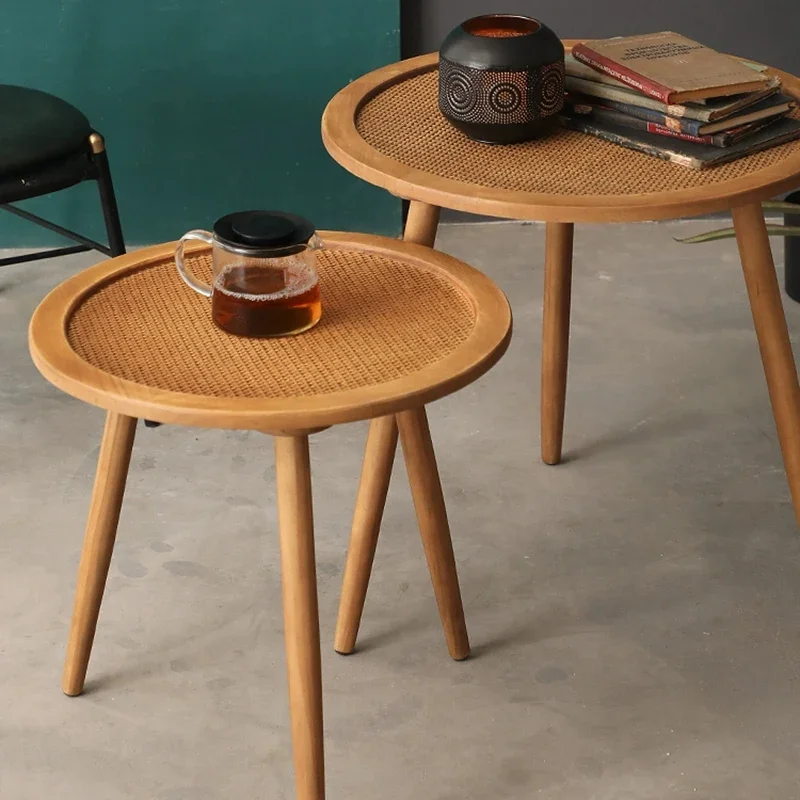 Vintage Solid Wood Coffee Table,Handmade Rattan Tea Table,Living Room Sofa Side Table, Circular Storage Desk, Home Furniture