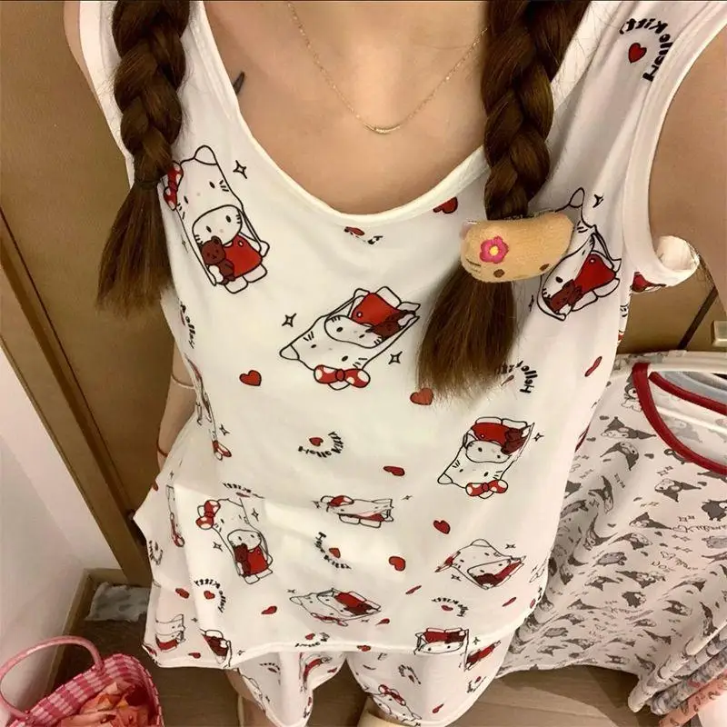 Japanese Cute Hello Kittys Pajamas Sleeveless Round Neck Tops Loose Home Wear Summer Kawaii Sanrios Student Sweet Thin Vest Suit