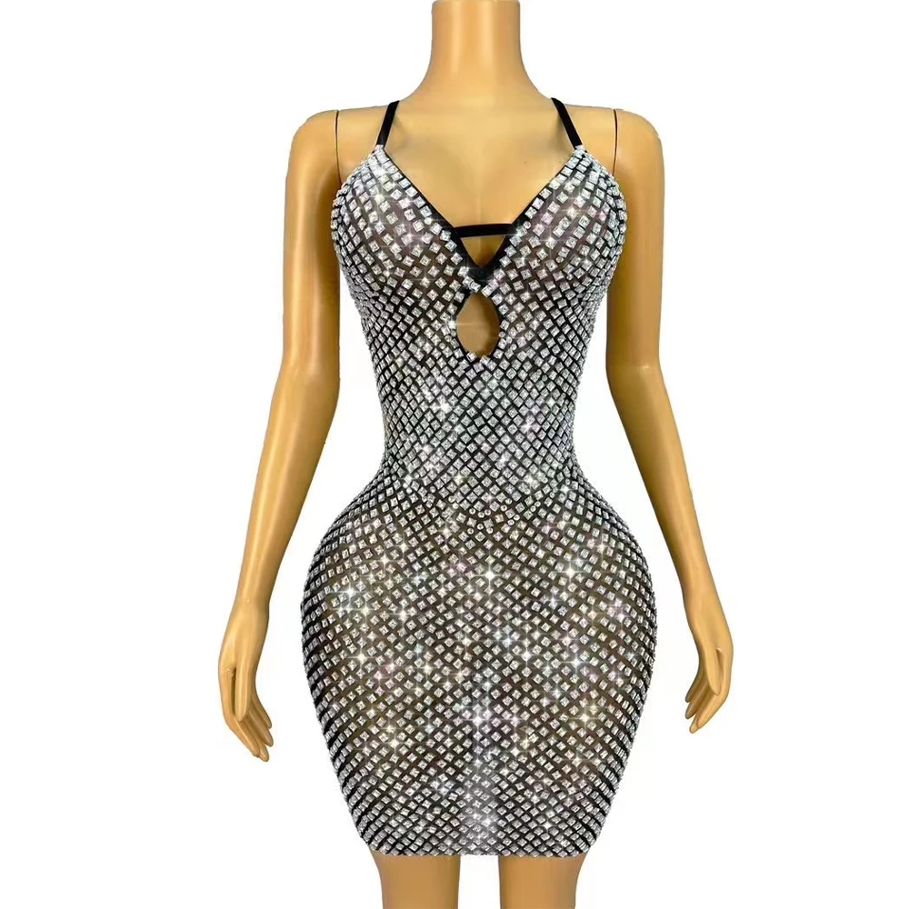 

Women Sparkly Silver Rhinestones Sleeveless Sexy V-Neck Bodycon Mini Dress Fashion Nightclub Party Bar Singer Performance Dress