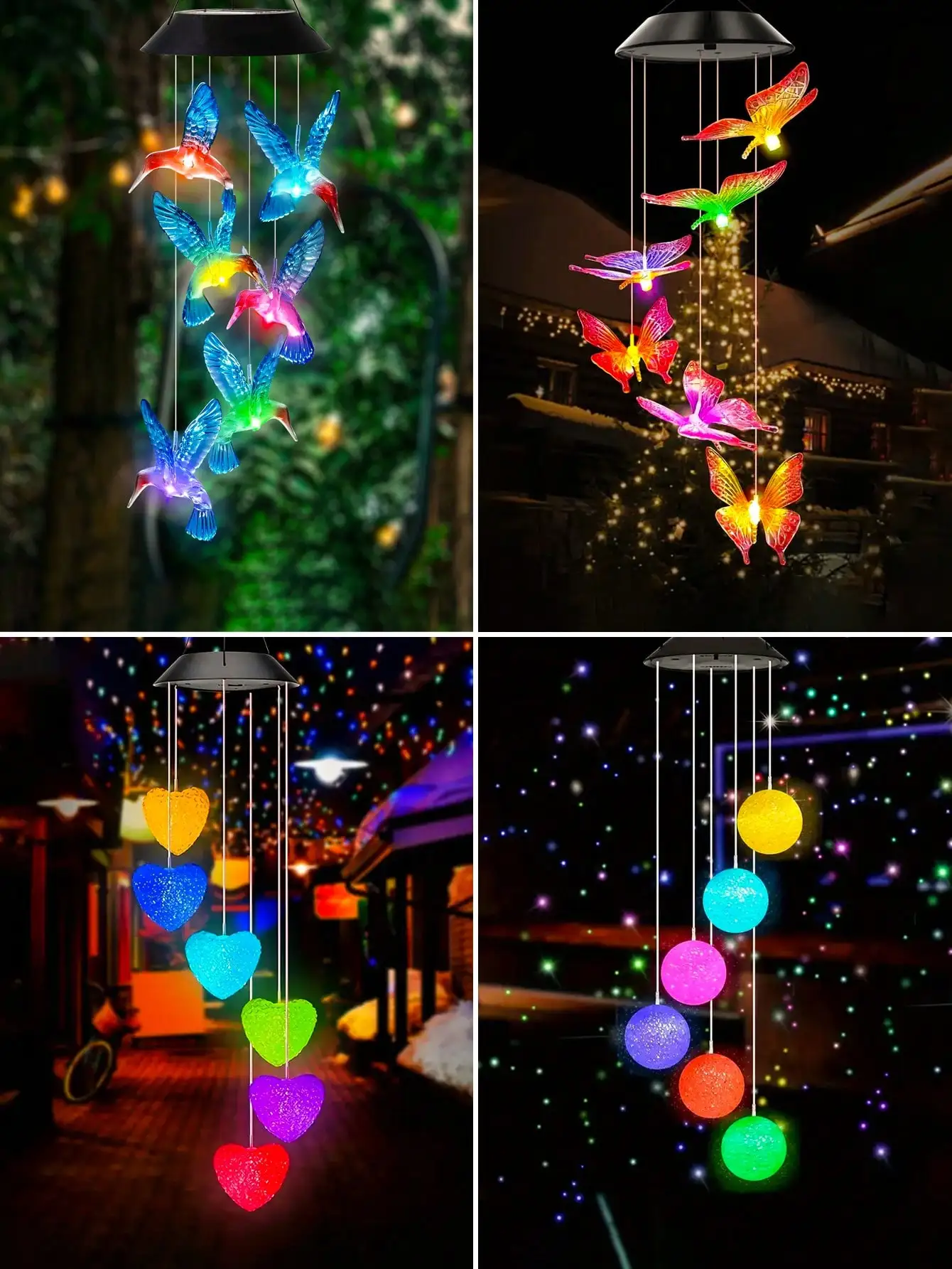 

4 Solar Powered Hummingbird/Butterfly/Heart-Shaped/Round Wind Chime Lights, Colorful 6LED Hanging Lights, Romantic Purple Yellow Butterfly, Blue Hummingbird Design, Suitable For Courtyard Decoration, Balcony, Outdoor Garden Decoration, Parties, Holiday At