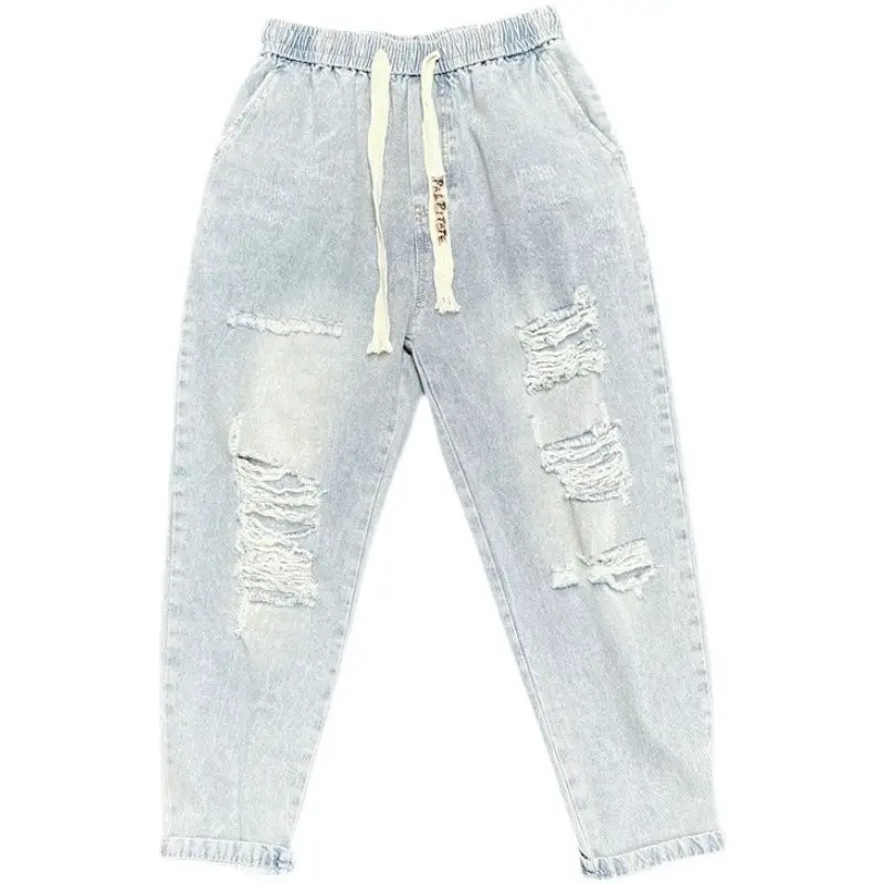 جينز ممزق قديم 2025 للرجال فضفاض مستقيم للربيع والصيف رفيع واسع الساق سراويل هارلان بخصر مطاطي سراويلي حريمي للرجال #5