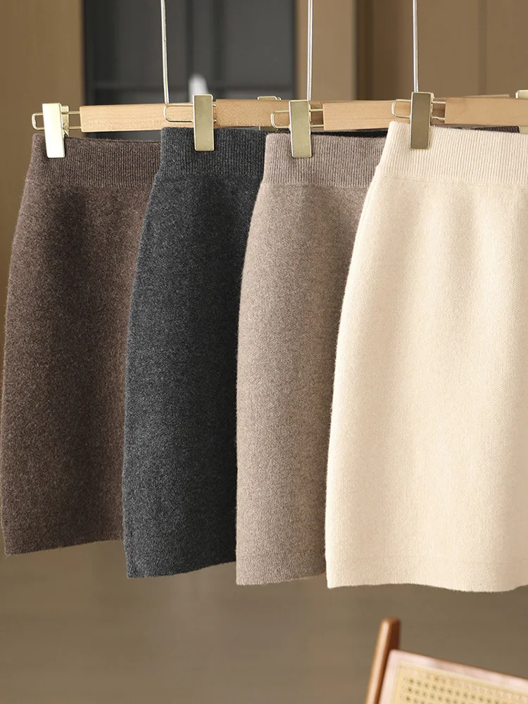 Jesień Zima Kobiety Wełniana Spódnica Elastyczna Talia Mini Slim Fit Kaszmirowe Spódnice 100% Wełna Merino Dzianina Biuro Pani Powyżej Kolan Sukienka
