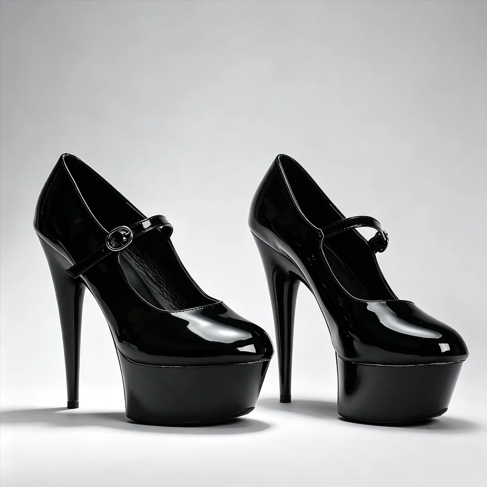 Schwarze Lackleder Pole-Dance-Schuhe für Damen, High Heel Mary Jane mit Knöchelriemen, Plateau-Stilettos für Party, Club und Tänzerinnen. – Detail 6