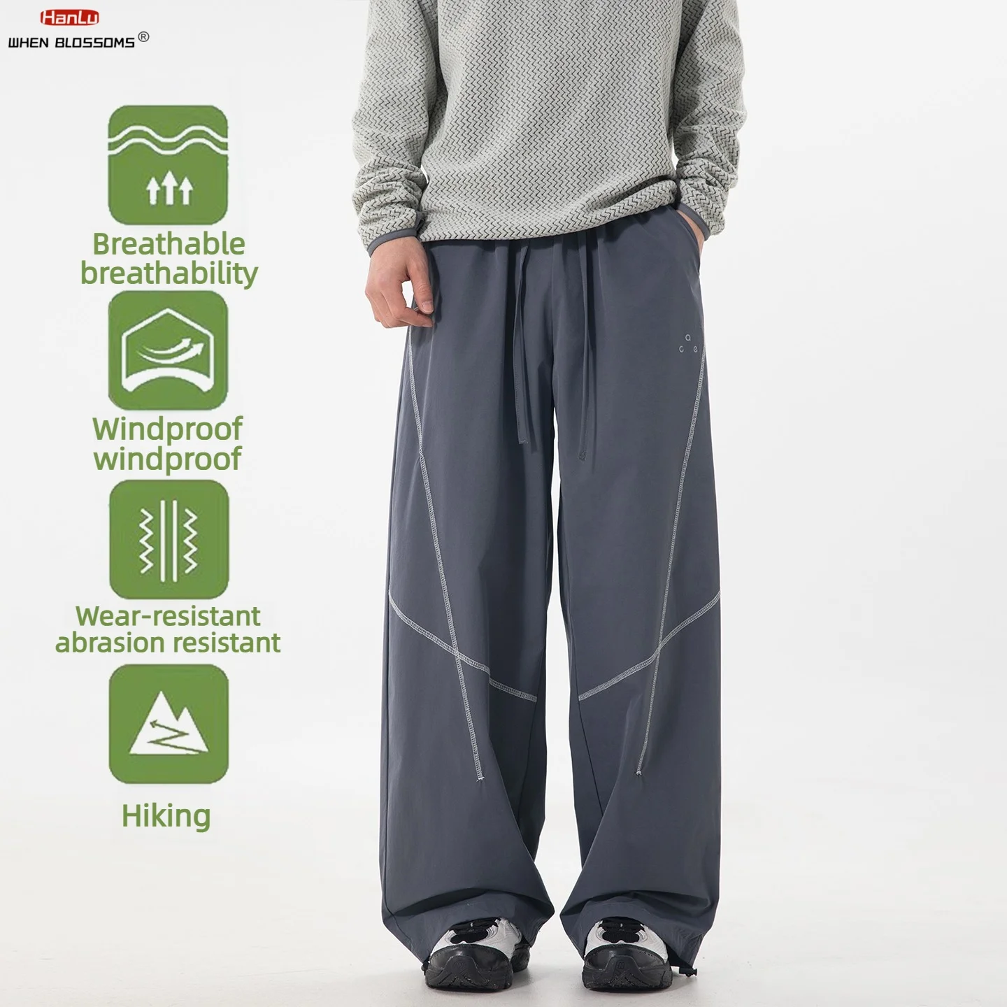 Men's 2026 Technical Cargo Pants Contrast Stitch Cross Detail Adjustable Hem Loose Straight Leg Outdoor Hiking Trousers