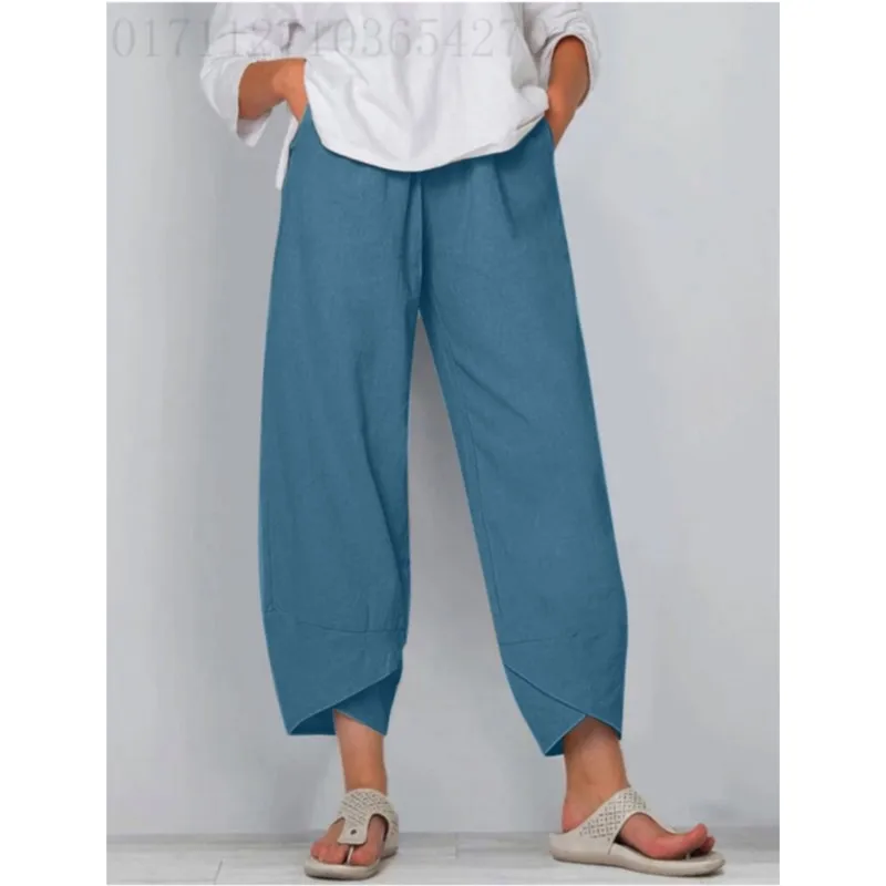Women Casual Cotton Linen Pants 2025 Summer Vintage Loose Harem Pants Floral Printed Elastic Waist Wide Leg Pants Female Trouser