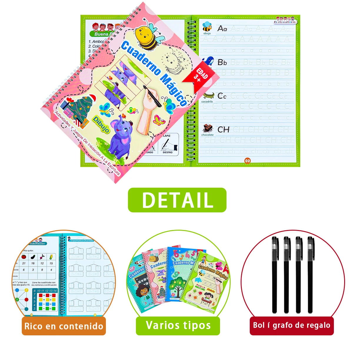 Four optional Spanish exercise books for children over 3 years old - Alphabet, Numbers, Math, Drawing and Magic Practice books