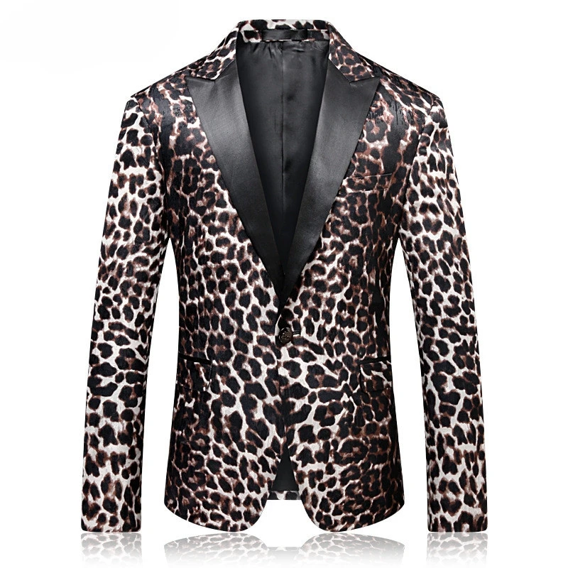 

Men's Slim Fit Korean Style Floral Wedding Jacket Leopard Print Pattern Suit Top